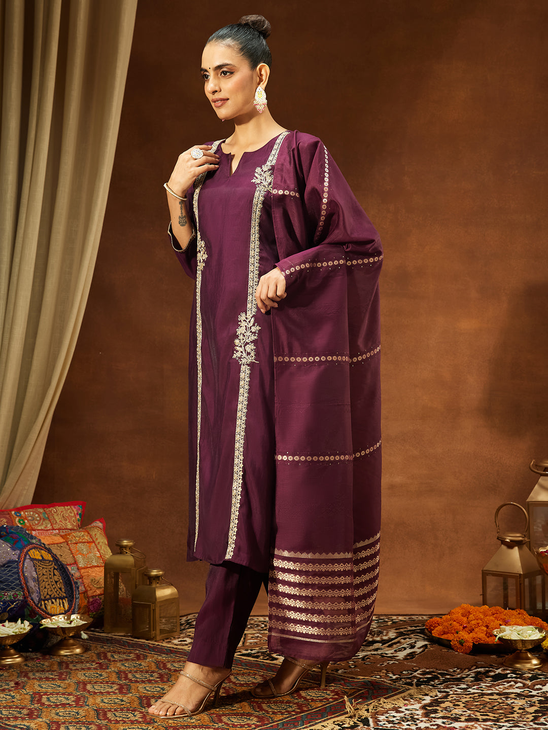 Janasya Women's Wine Chanderi Silk Embroidered Straight Kurta Set - qivii