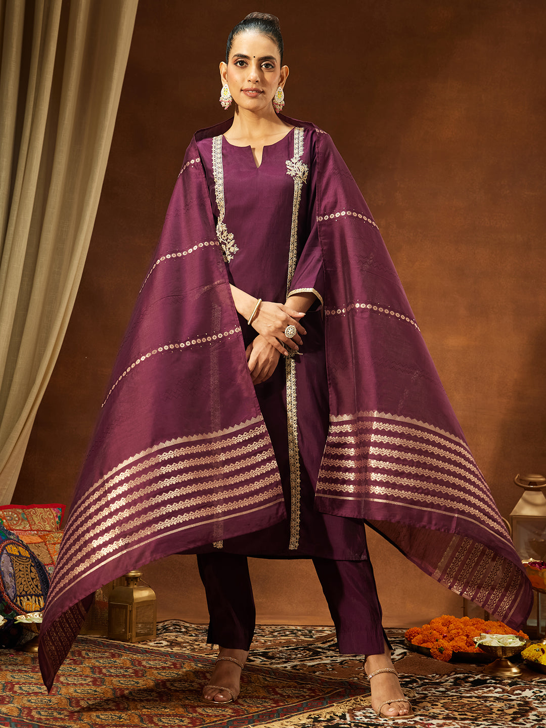 Janasya Women's Wine Chanderi Silk Embroidered Straight Kurta Set - qivii