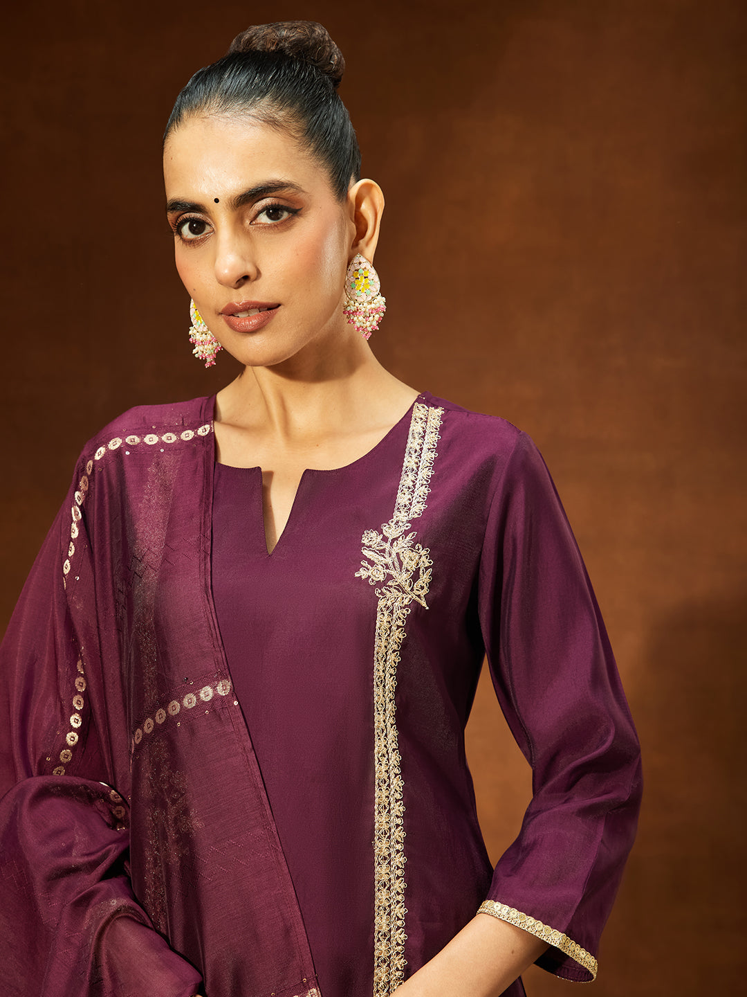 Janasya Women's Wine Chanderi Silk Embroidered Straight Kurta Set - qivii