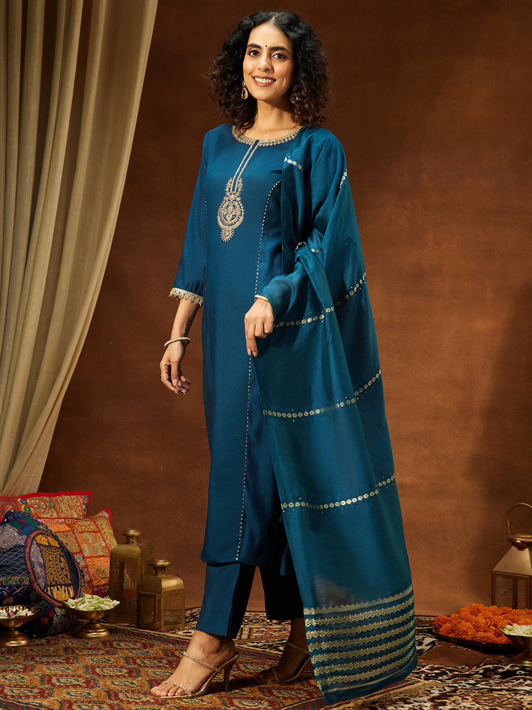 Janasya Women's Teal Chanderi Yoke Embroidery Straight Kurta Set