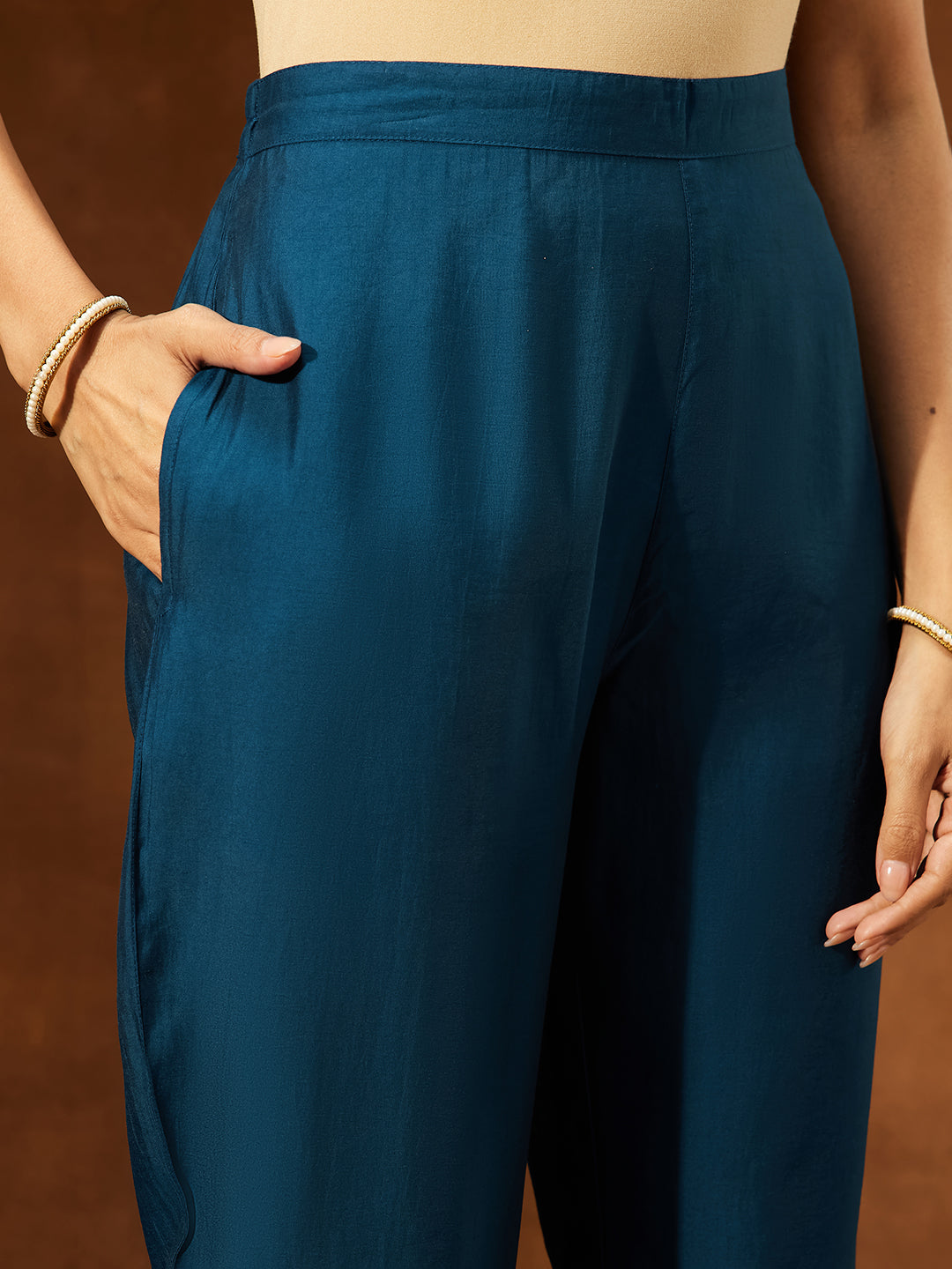 Janasya Women's Teal Chanderi Yoke Embroidery Straight Kurta Set