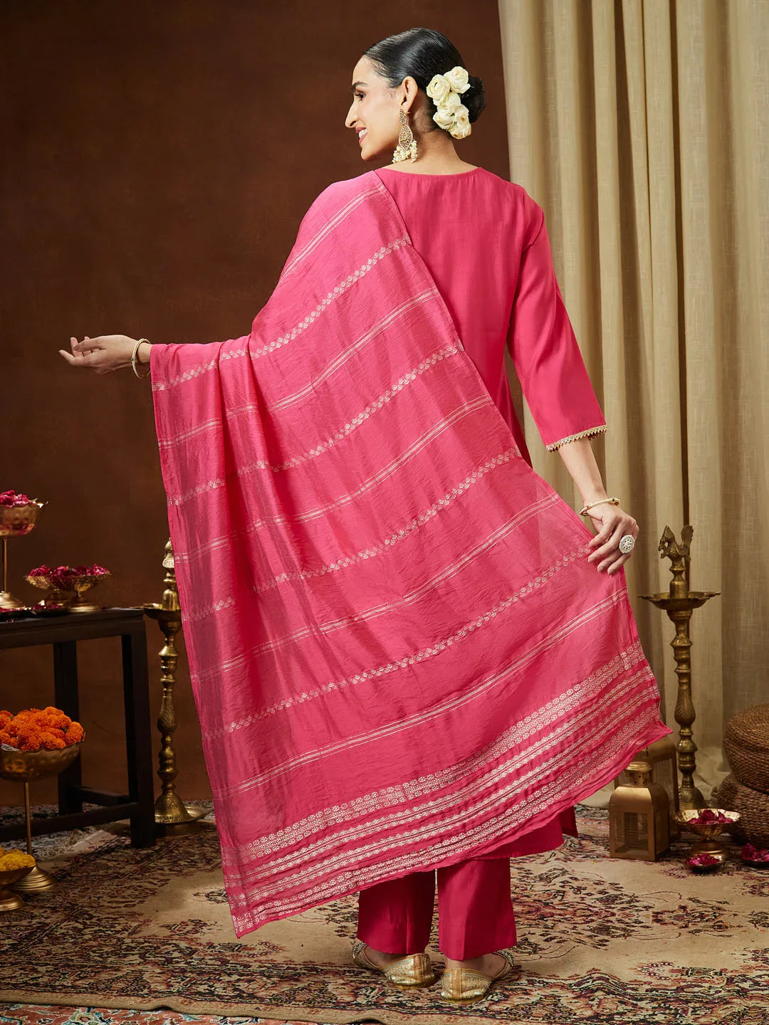Janasya Women's Pink Chanderi Silk Zari Yoke Embroidered Straight Kurta Set