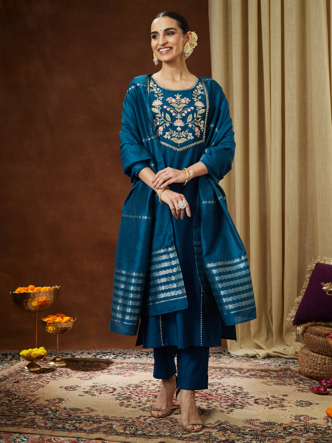 Janasya Women's Teal Blue Chanderi Silk Yoke Embroidered Straight Kurta Set - qivii
