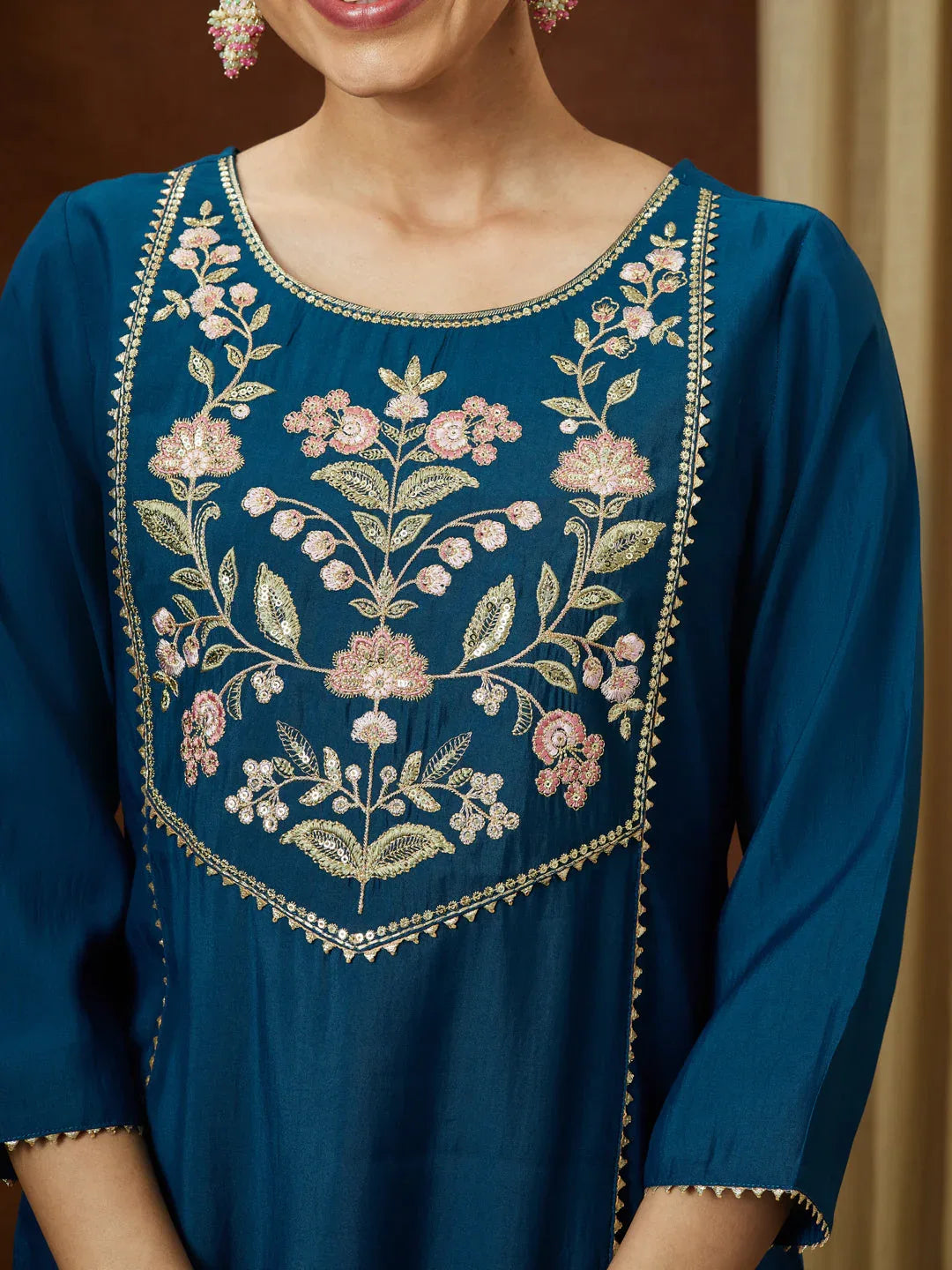 Janasya Women's Teal Blue Chanderi Silk Yoke Embroidered Straight Kurta Set