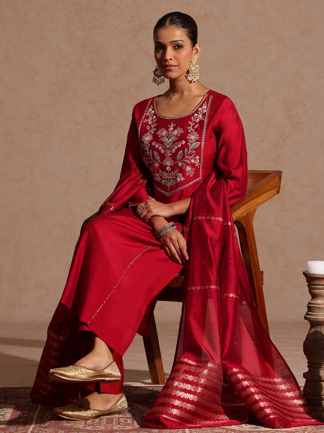 Janasya Women's Maroon Chanderi Silk Zari Yoke Embroidered Straight Kurta Set - qivii