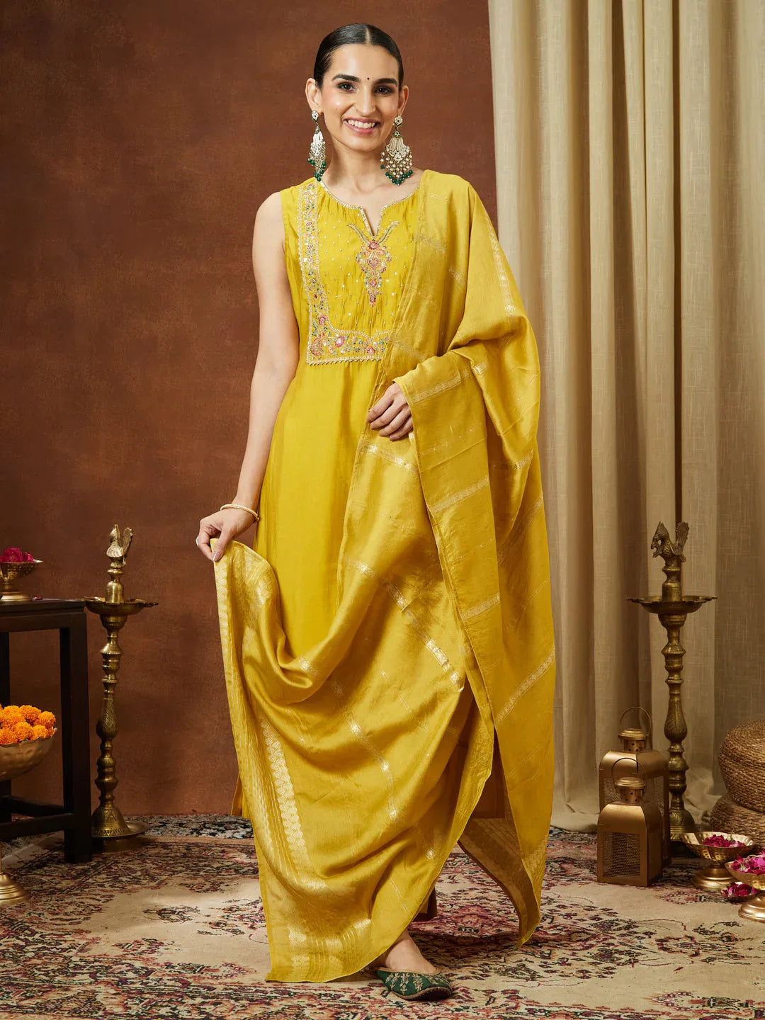 Janasya Women's Mustard Chanderi Silk Yoke Embroidered Straight Kurta Set