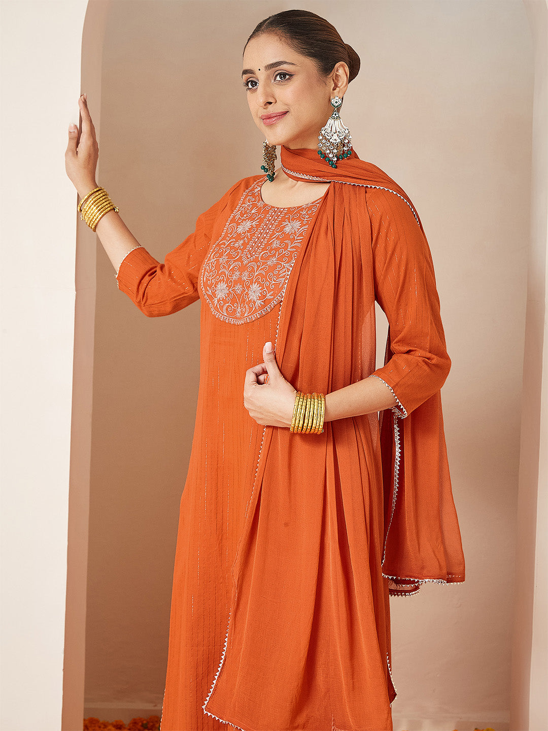Janasya Women's Orange Pure Cotton Embellished Yoke Design Straight Kurta Set - qivii