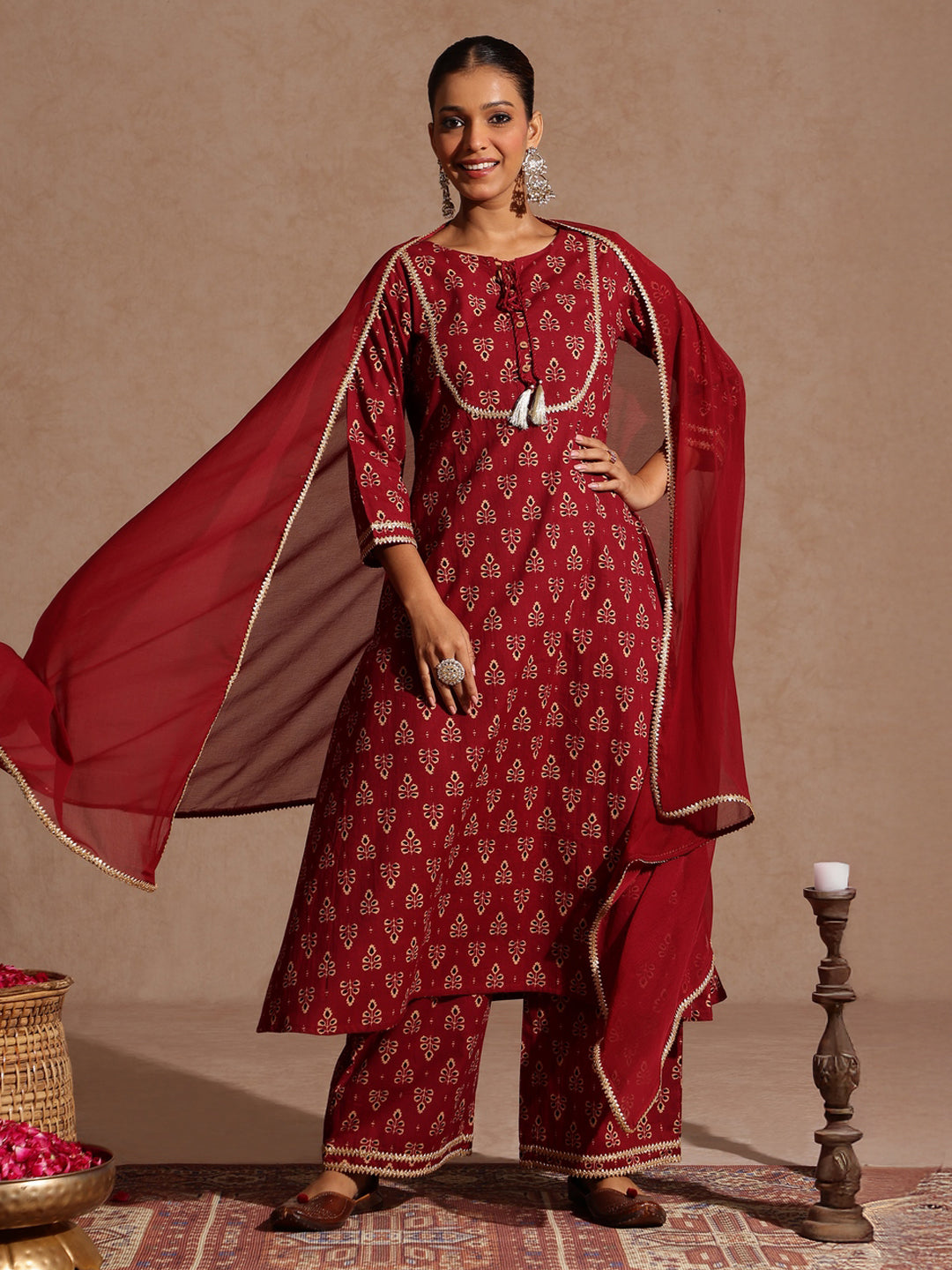 Janasya Women's Maroon Pure Cotton Floral Printed A-line Kurta With Palazzo & Dupatta Set - qivii