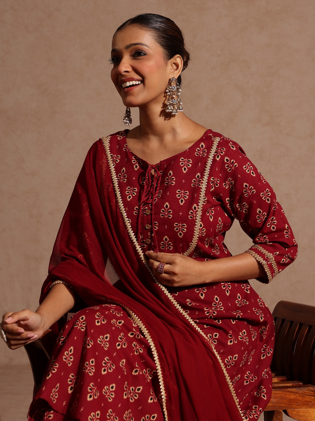 Janasya Women's Maroon Pure Cotton Floral Printed A-line Kurta With Palazzo & Dupatta Set - qivii