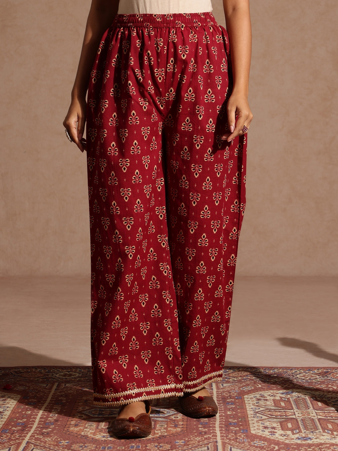 Janasya Women's Maroon Pure Cotton Floral Printed A-line Kurta With Palazzo & Dupatta Set - qivii