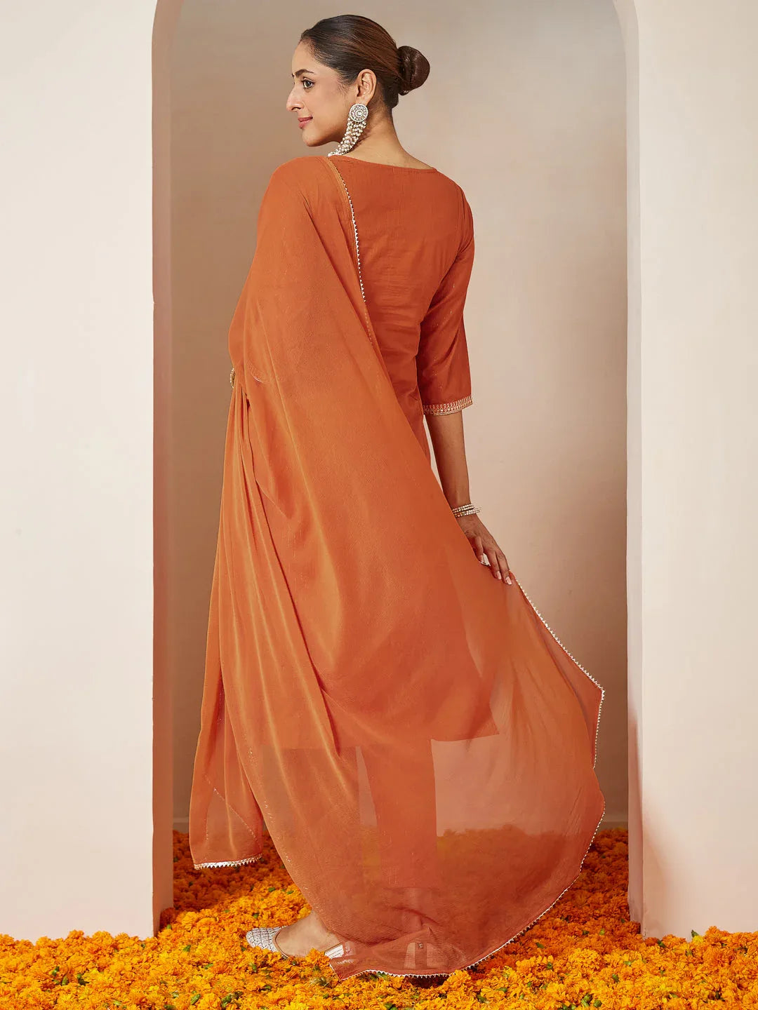 Janasya Women's Orange Pure Cotton Embroidered A-line Kurta Set