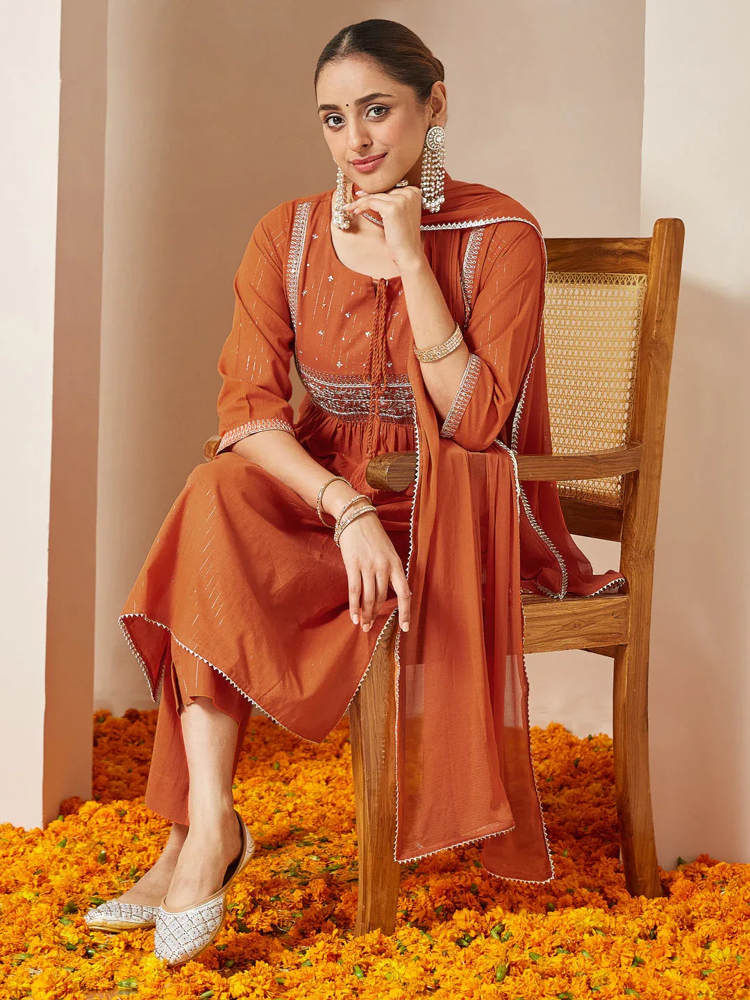 Janasya Women's Orange Pure Cotton Embroidered A-line Kurta Set