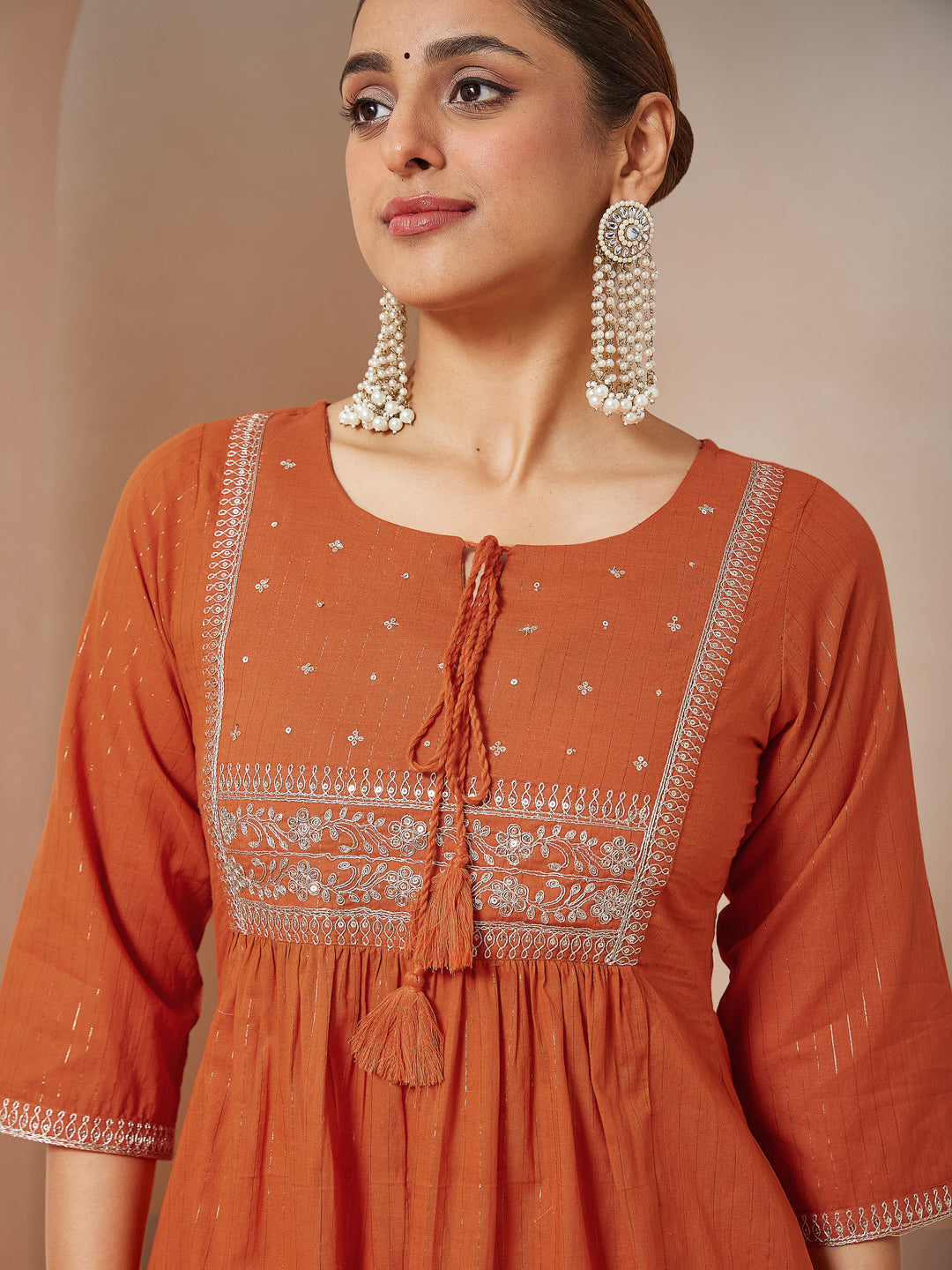 Janasya Women's Orange Pure Cotton Embroidered A-line Kurta Set - qivii