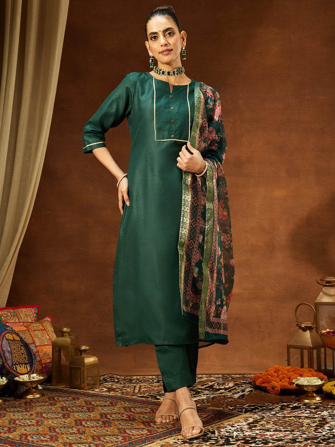 Janasya Women's Dark Green Cotton Blend Yoke Design Straight Kurta Set With Printed Dupatta - qivii