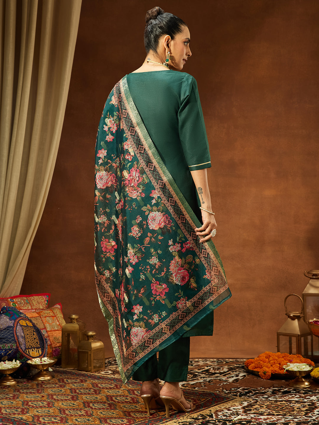 Janasya Women's Dark Green Cotton Blend Yoke Design Straight Kurta Set With Printed Dupatta - qivii