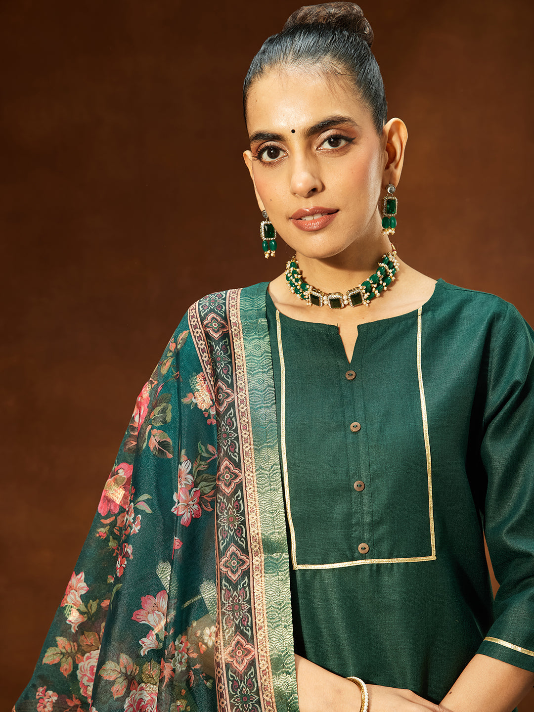 Janasya Women's Dark Green Cotton Blend Yoke Design Straight Kurta Set With Printed Dupatta - qivii
