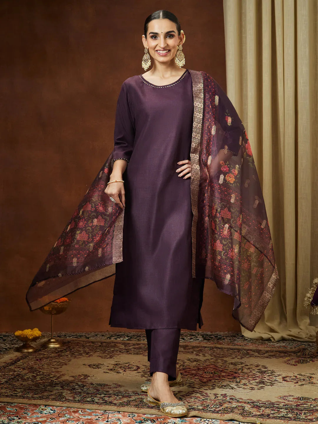 Janasya Women's Wine Cotton Blend Solid Straight Kurta Set With Printed Dupatta