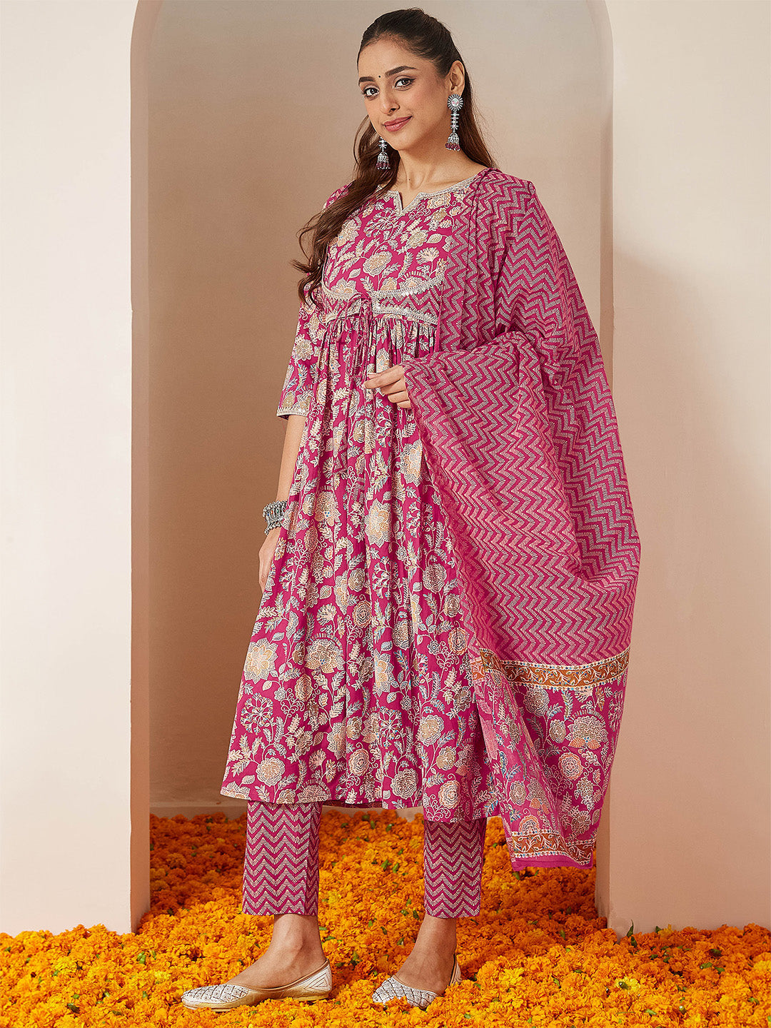 Janasya Women's Pink Pure Cotton Embellished Floral Printed A-line Kurta Set - qivii