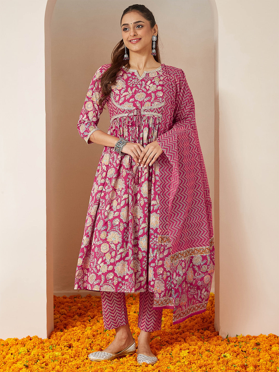 Janasya Women's Pink Pure Cotton Embellished Floral Printed A-line Kurta Set - qivii