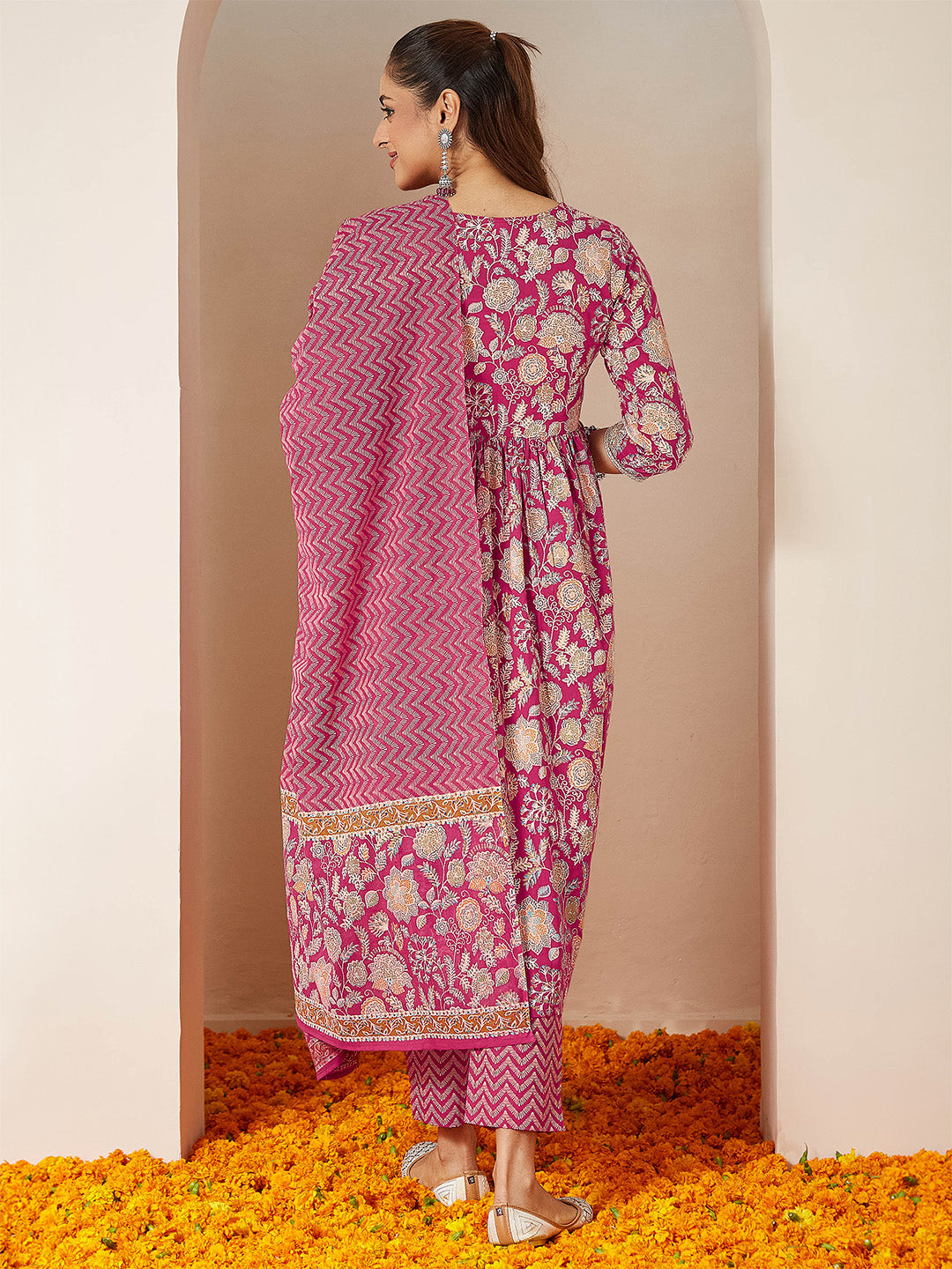 Janasya Women's Pink Pure Cotton Embellished Floral Printed A-line Kurta Set - qivii