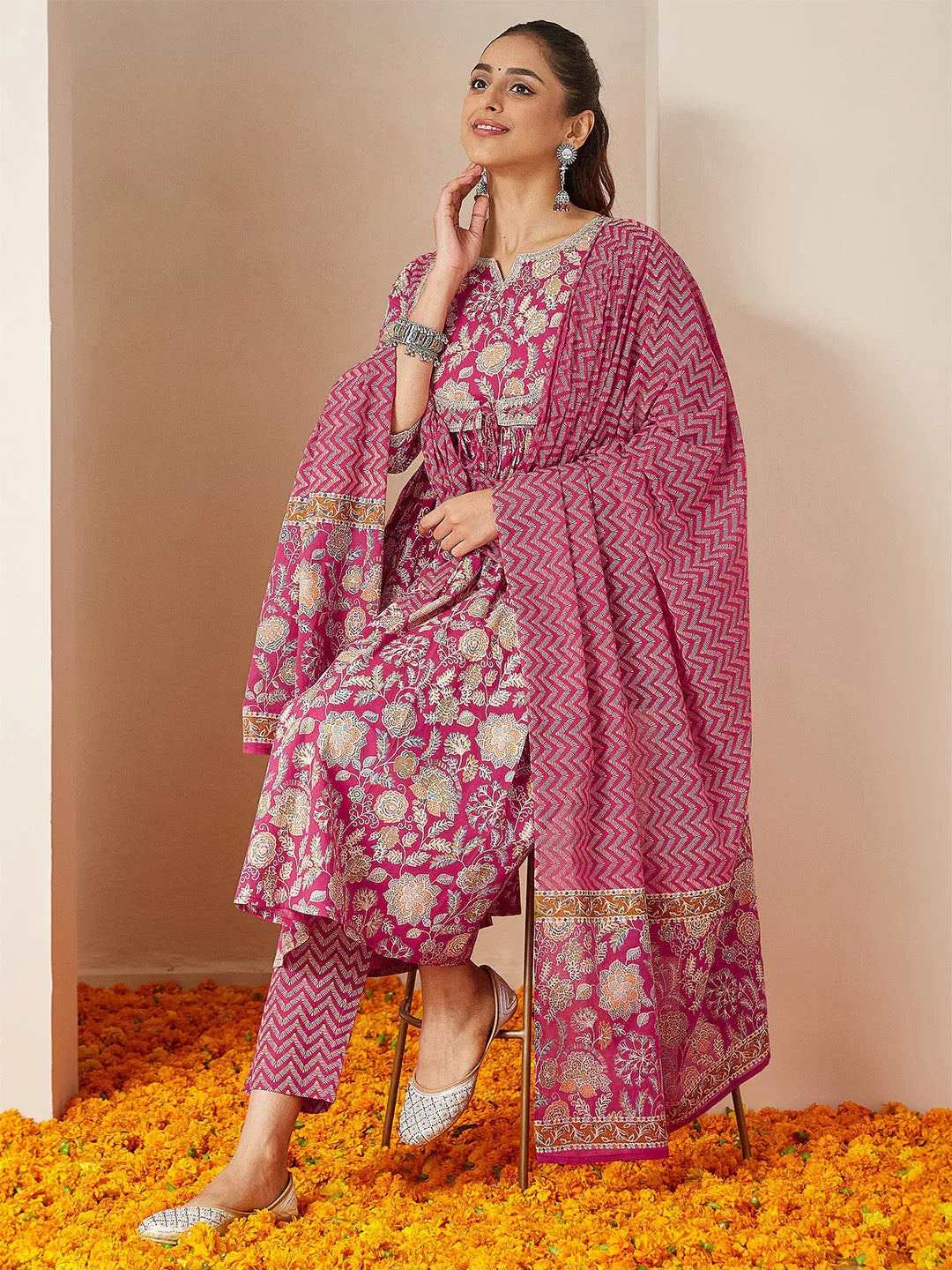 Janasya Women's Pink Pure Cotton Embellished Floral Printed A-line Kurta Set