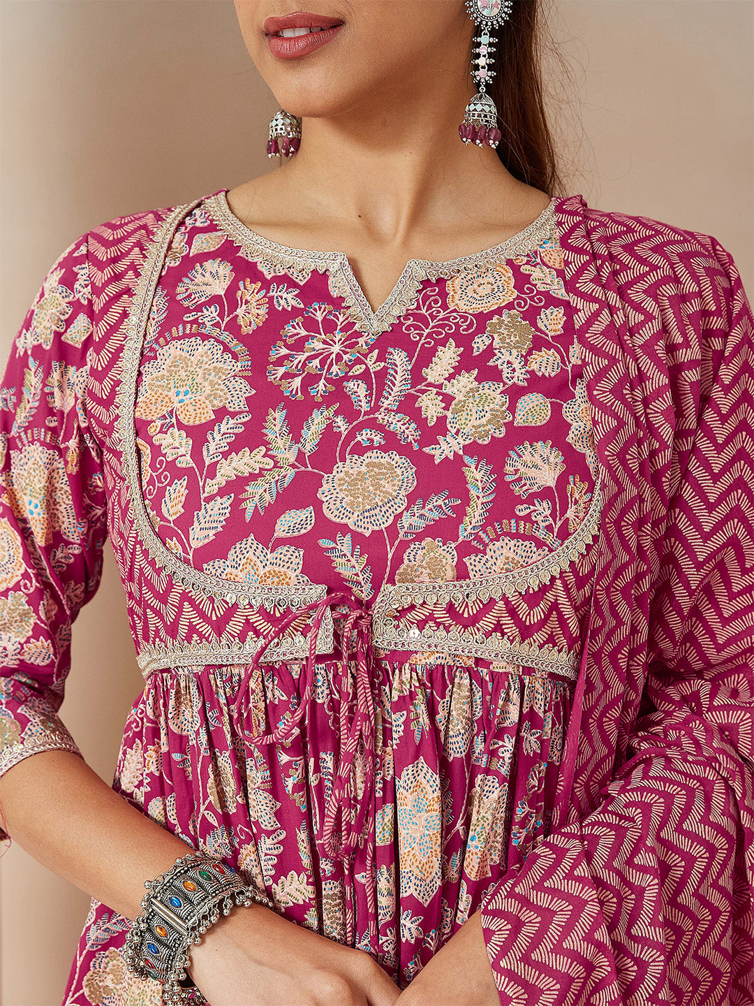 Janasya Women's Pink Pure Cotton Embellished Floral Printed A-line Kurta Set - qivii