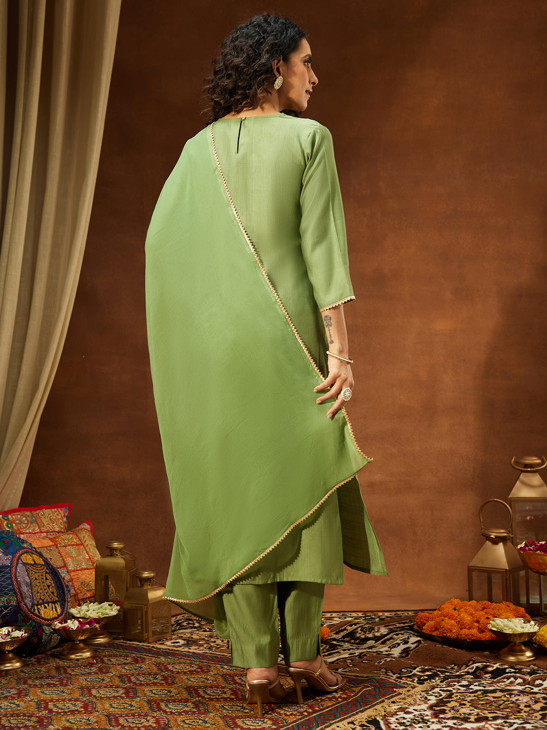 Janasya Women's Sage Green Silk Blend Zari Yoke Embroidered Straight Kurta Set - qivii