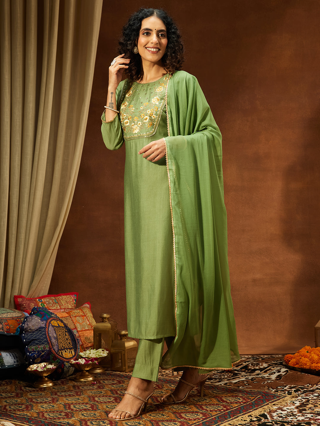 Janasya Women's Sage Green Silk Blend Zari Yoke Embroidered Straight Kurta Set - qivii