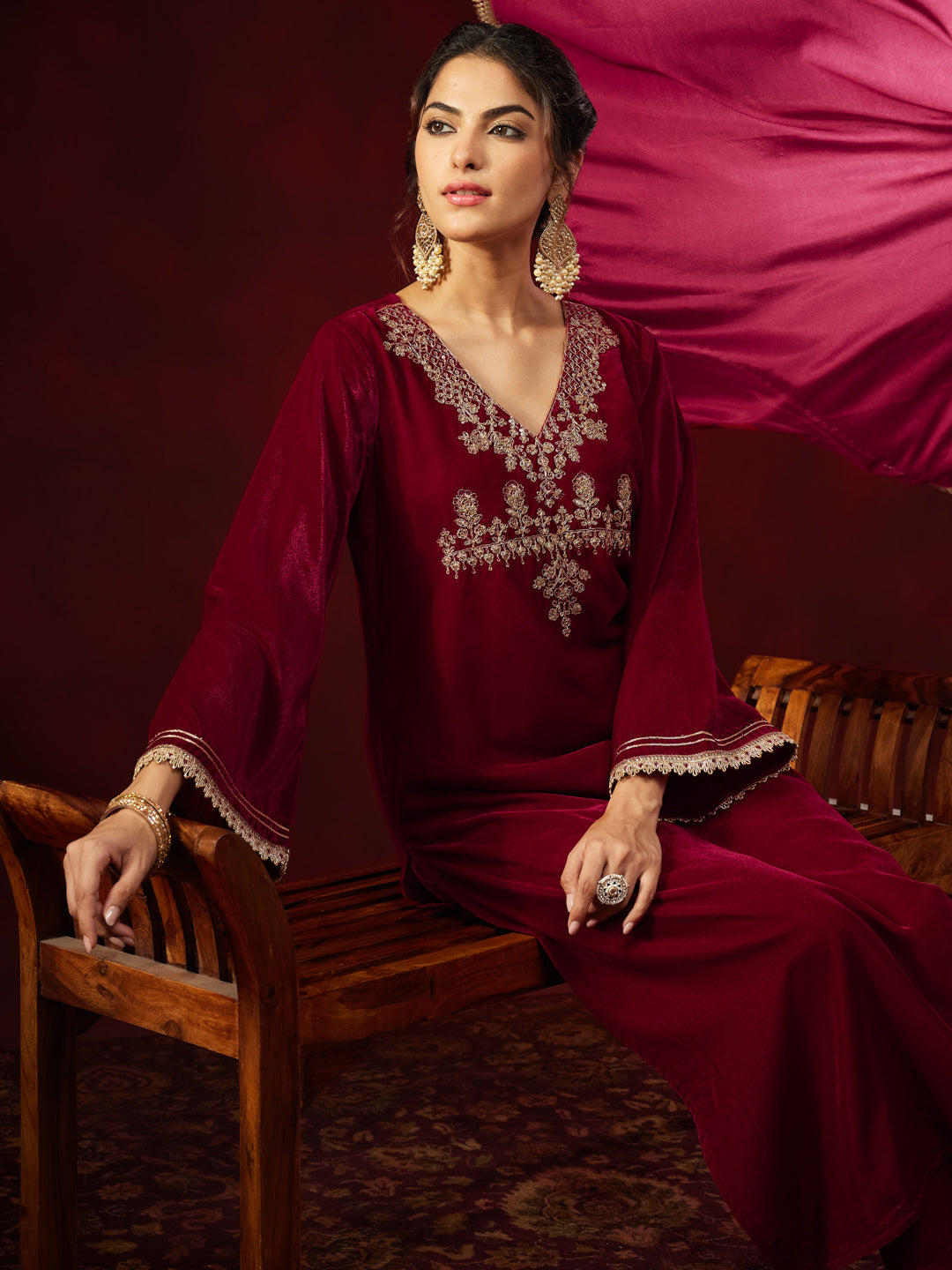 Janasya Women's Red Velvet Zari Yoke Embroidered Straight Kurta Set