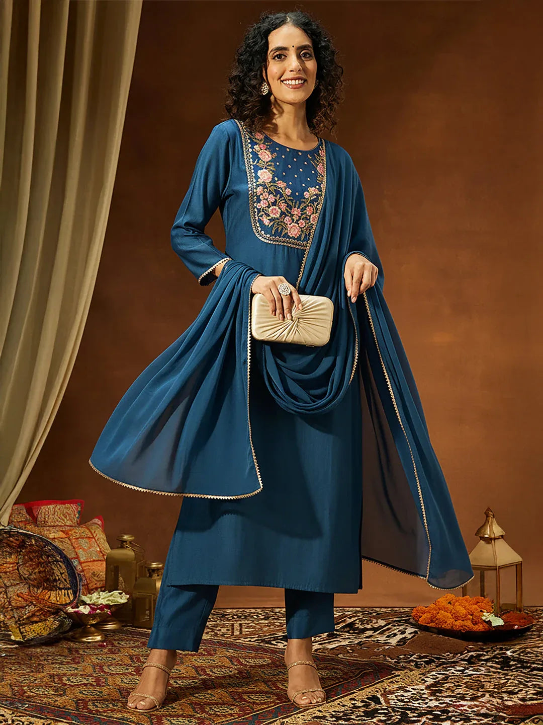 Janasya Women's Teal Blue Silk Blend Yoke Embroidered Straight Kurta Set