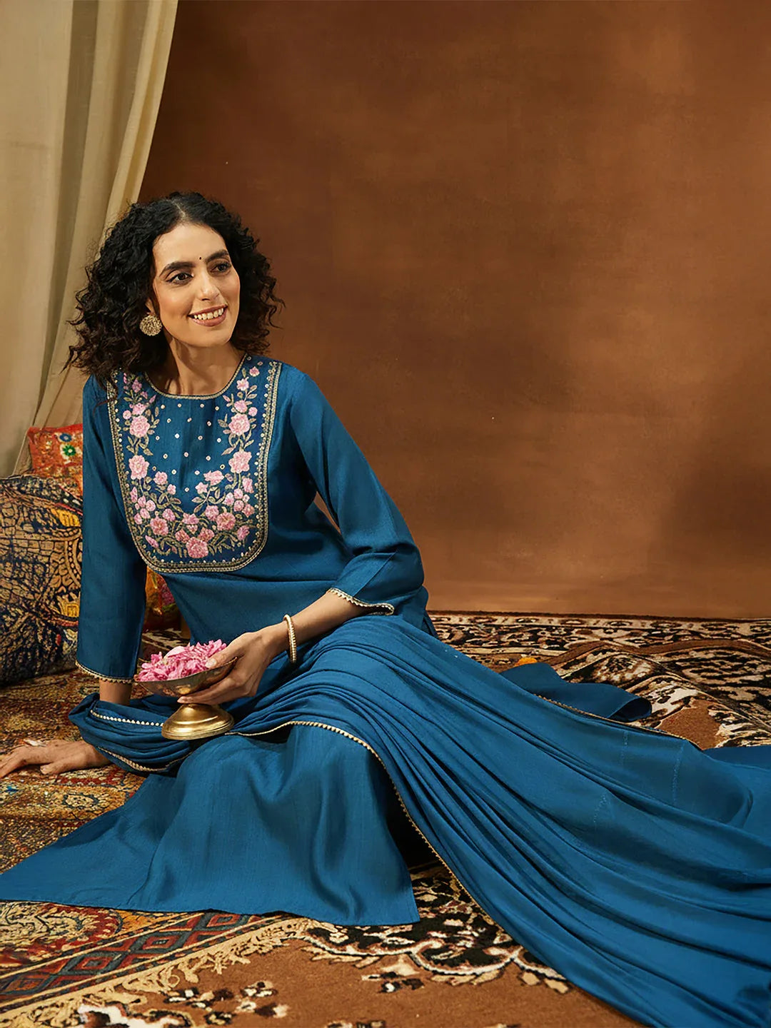Janasya Women's Teal Blue Silk Blend Yoke Embroidered Straight Kurta Set