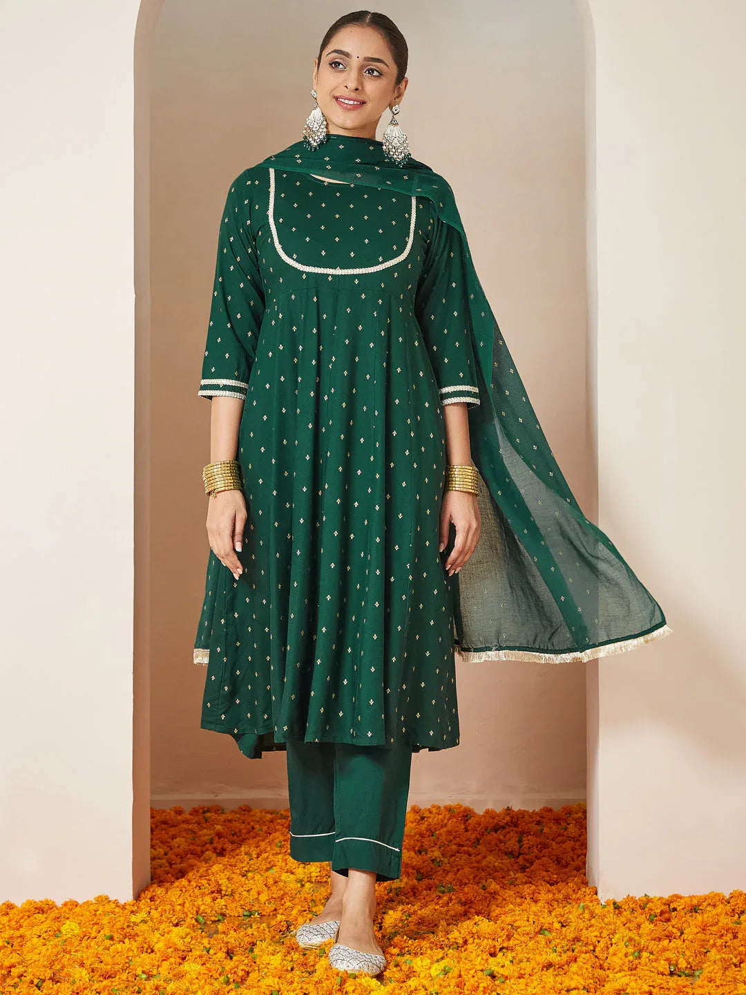 Janasya Women's Dark Green Rayon Gold Printed Anarkali Kurta Set