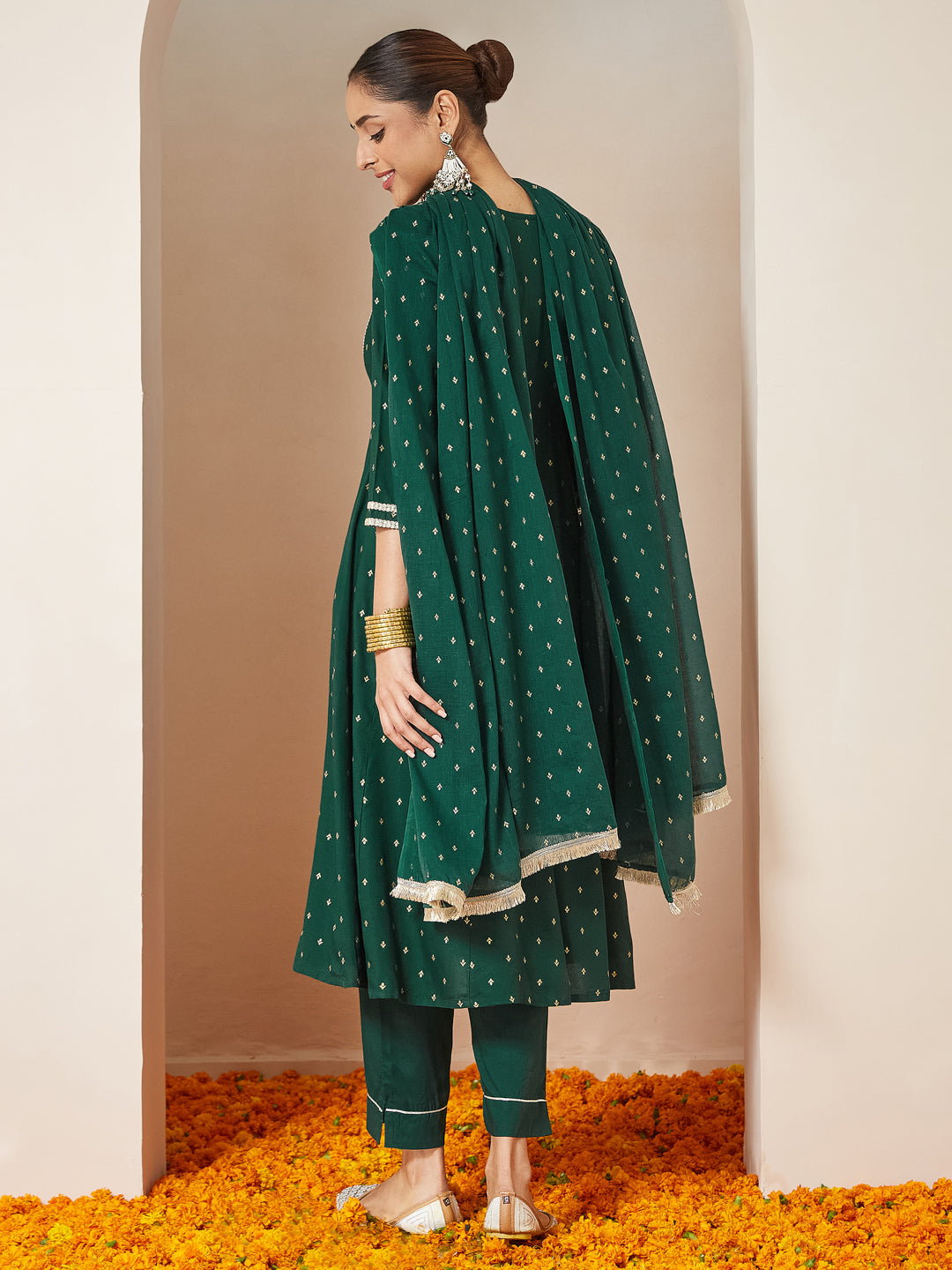 Janasya Women's Dark Green Rayon Gold Printed Anarkali Kurta Set - qivii