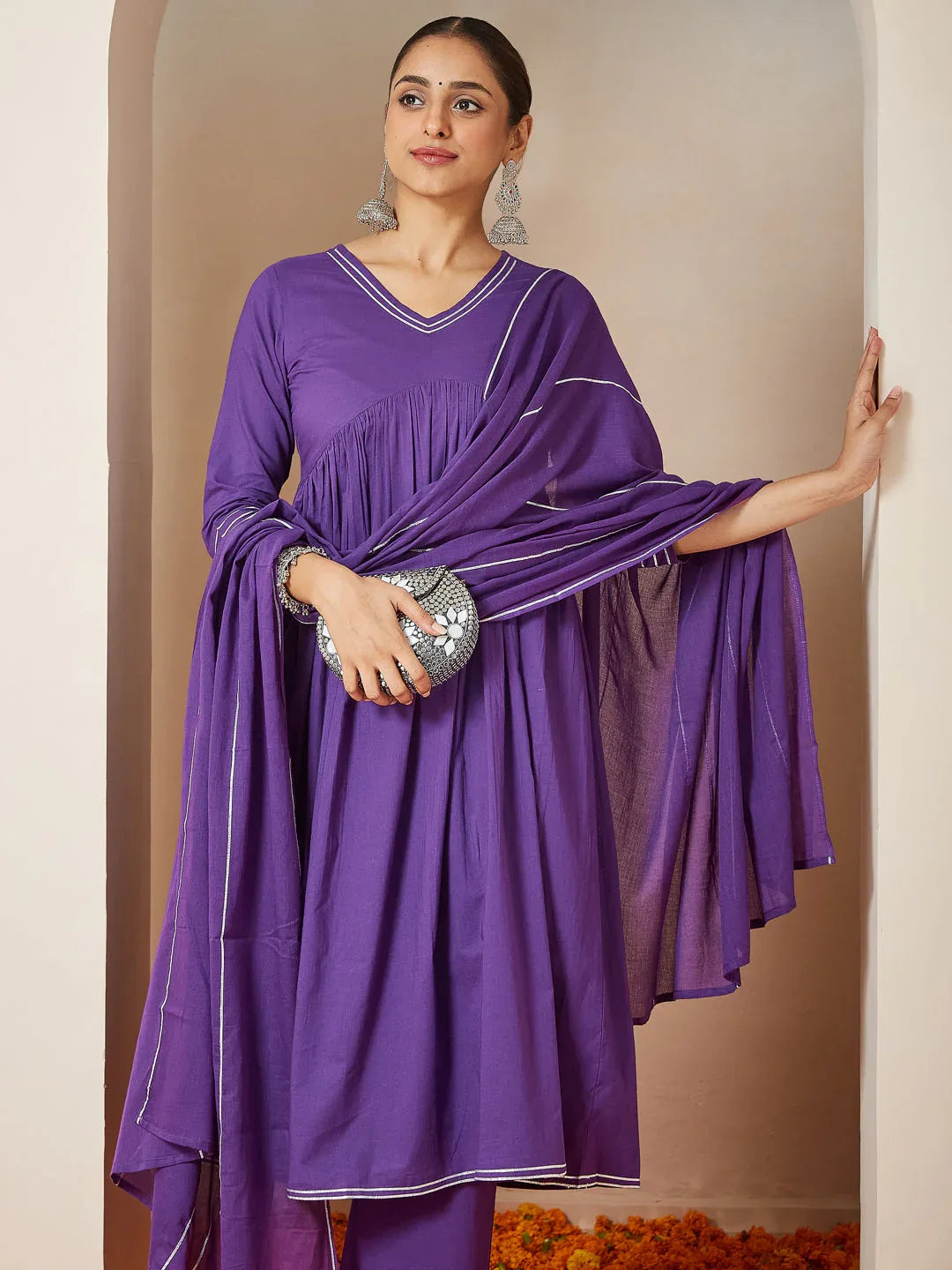 Janasya Women's Purple Pure Cotton Embellished A-line Kurta Set