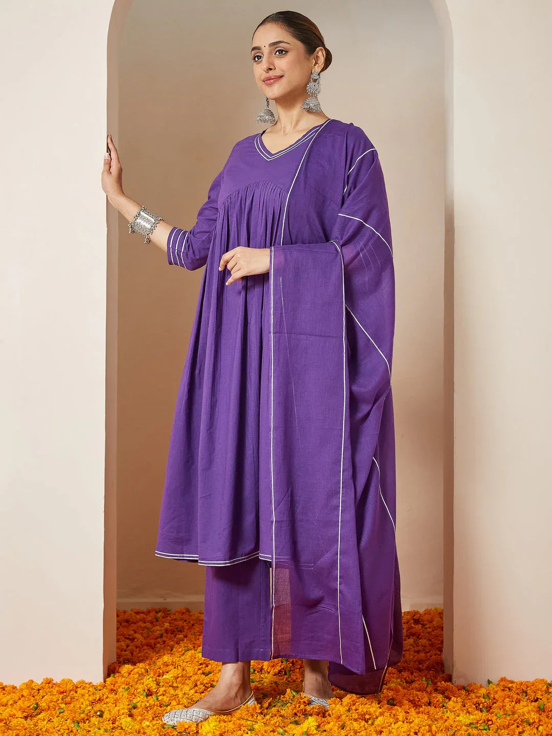Janasya Women's Purple Pure Cotton Embellished A-line Kurta Set
