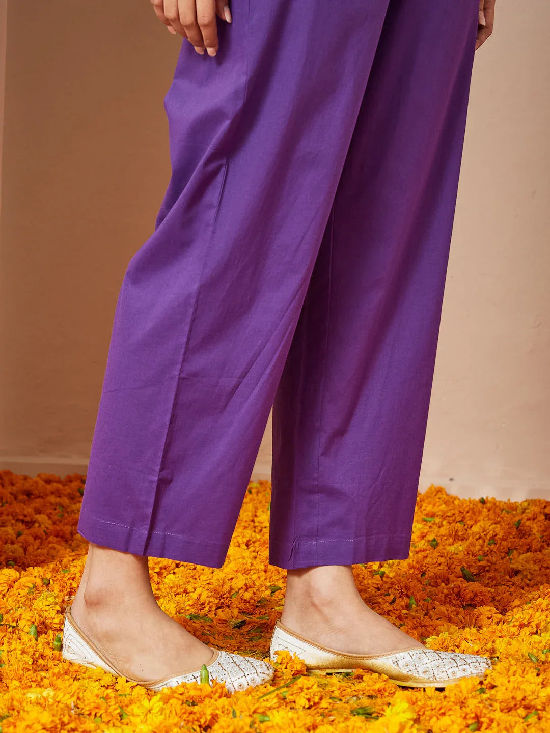 Janasya Women's Purple Pure Cotton Embellished A-line Kurta Set