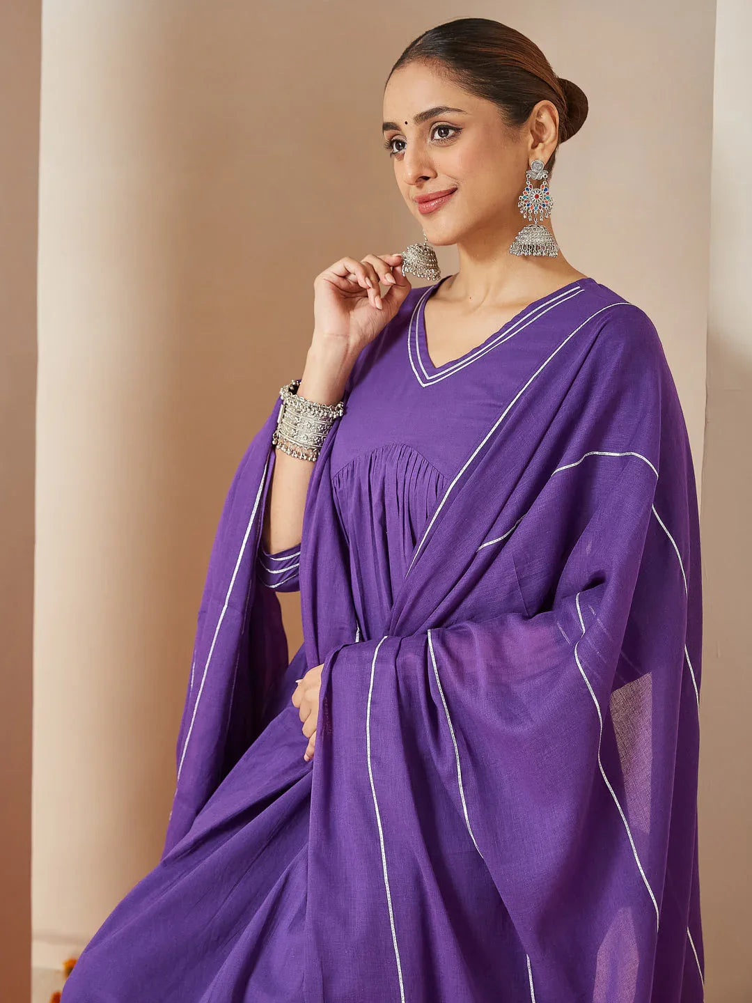 Janasya Women's Purple Pure Cotton Embellished A-line Kurta Set