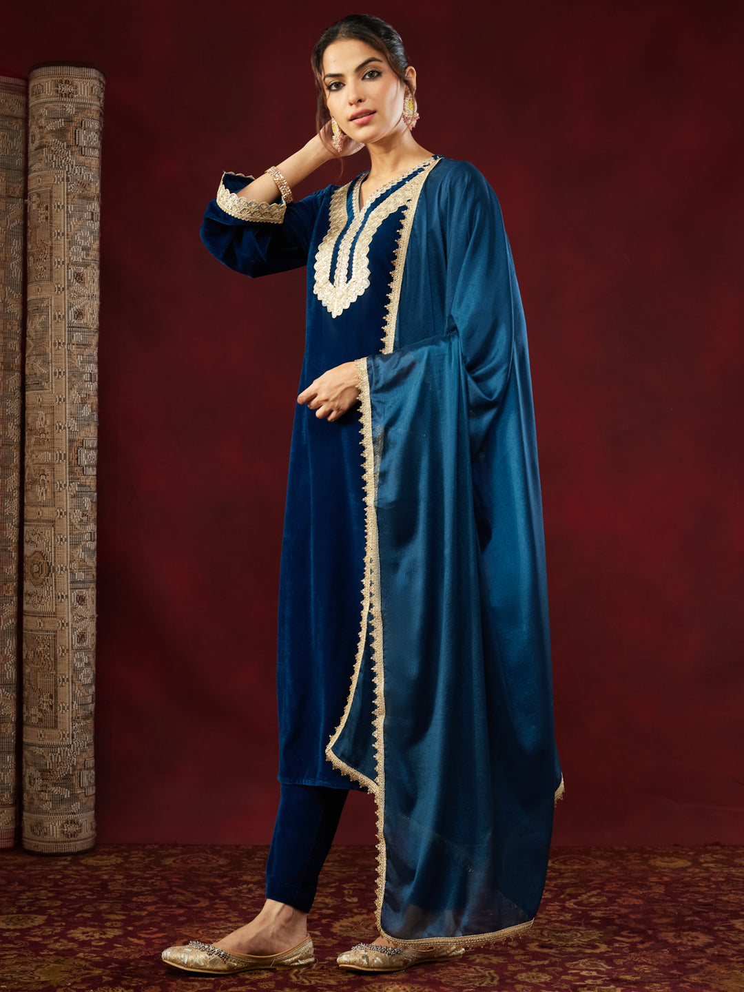 Janasya Women's Teal Blue Velvet Embellished Straigh Kurta Set