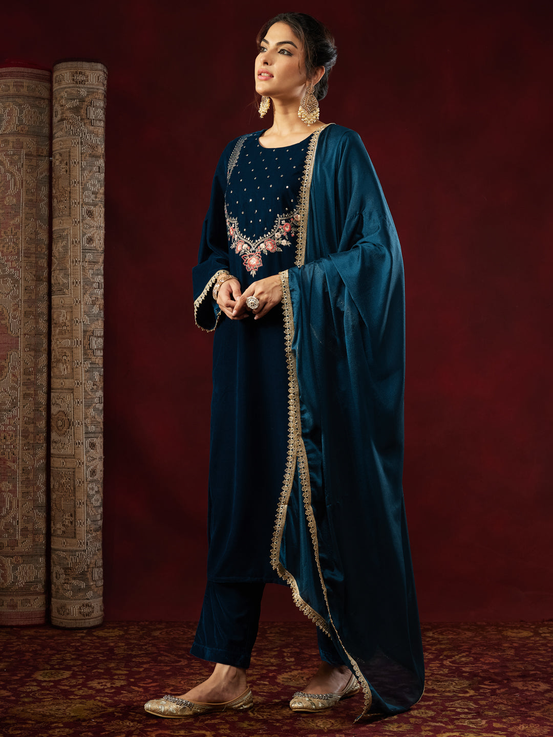 Janasya Women's Teal Blue Velvet Yoke Embroidered Straight Kurta Set