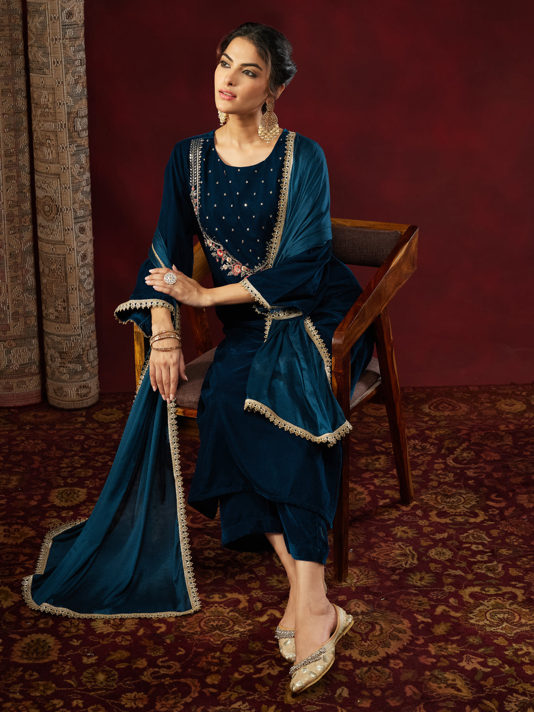 Janasya Women's Teal Blue Velvet Yoke Embroidered Straight Kurta Set