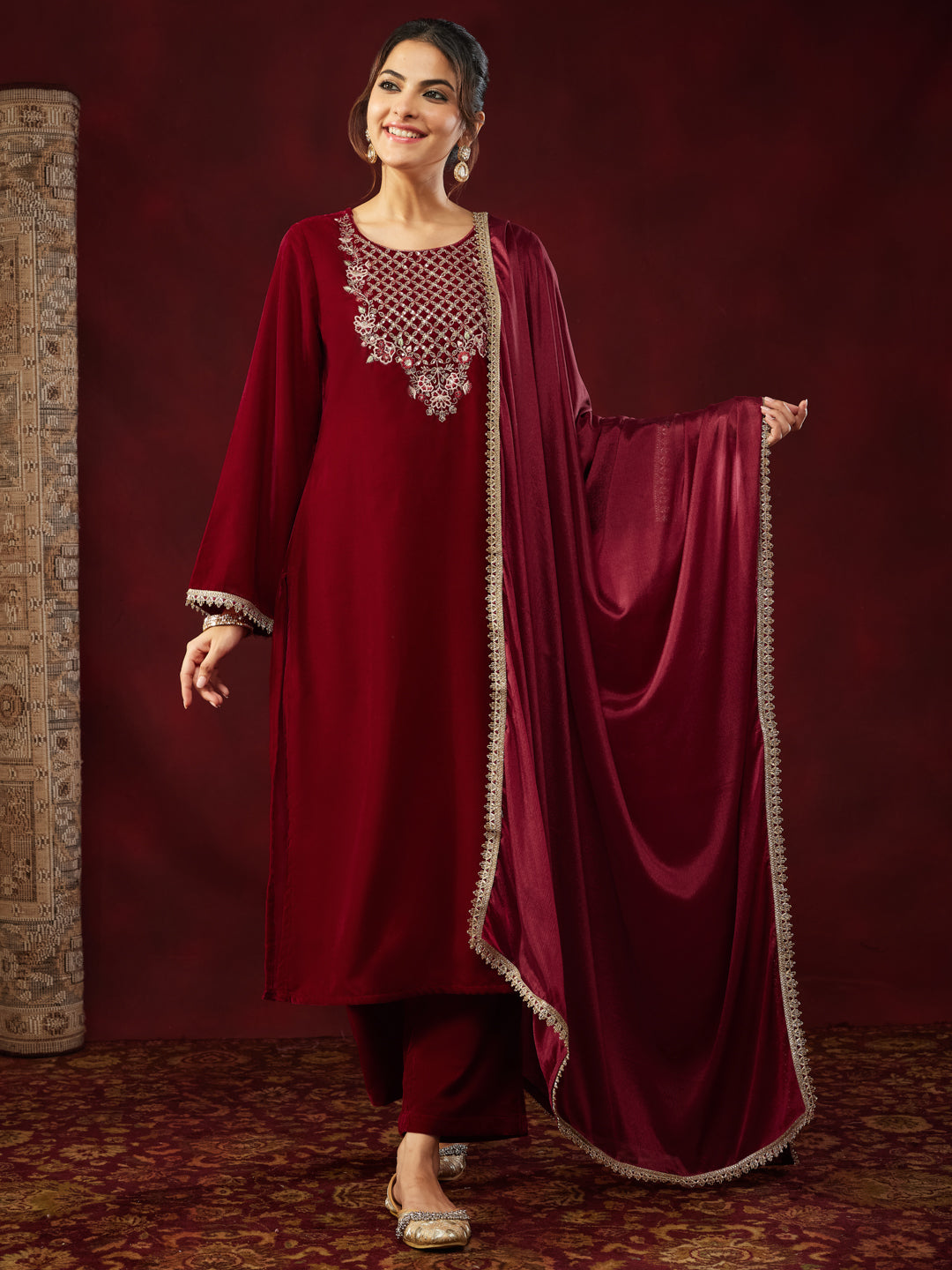 Janasya Women's Red Velvet Zari Yoke Embroidered Straight Kurta Set