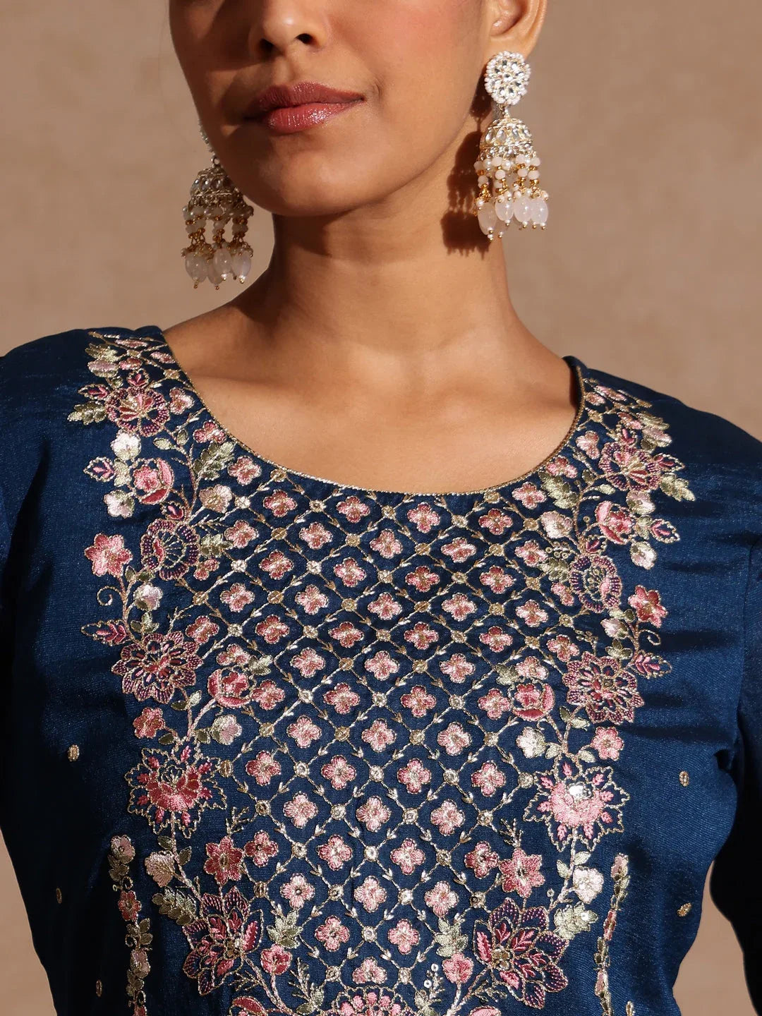 Janasya Women's Teal Blue Silk Blend Zari Embroidered Straight Kurta Set