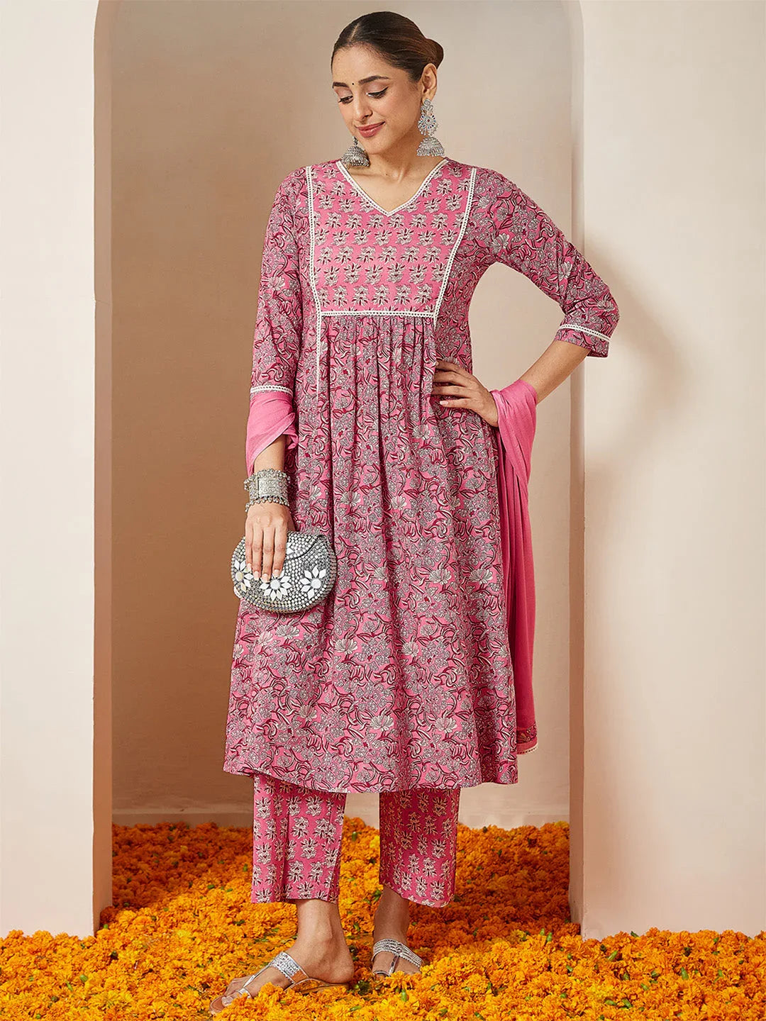 Janasya Women's Pink Pure Cotton Floral Printed A-line Kurta Set