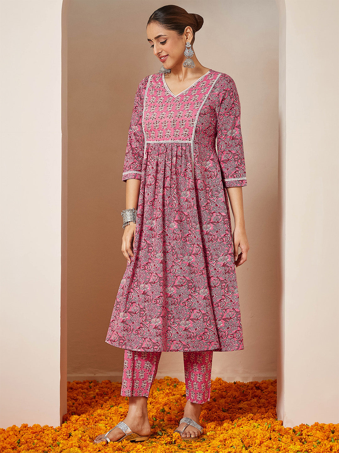 Janasya Women's Pink Pure Cotton Floral Printed A-line Kurta Set - qivii