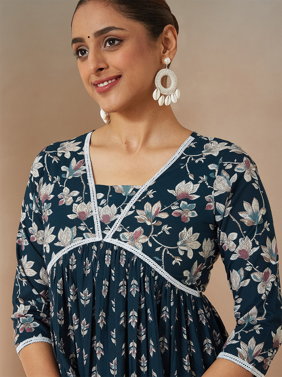 Janasya Women's Teal Blue Pure Cotton Floral Printed A-line Kurta Set - qivii