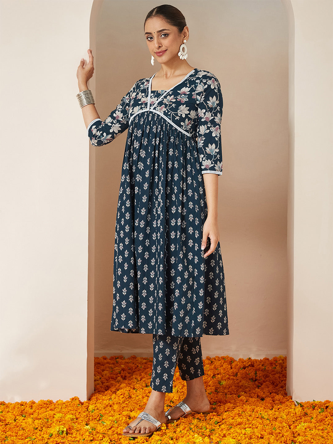 Janasya Women's Teal Blue Pure Cotton Floral Printed A-line Kurta Set - qivii