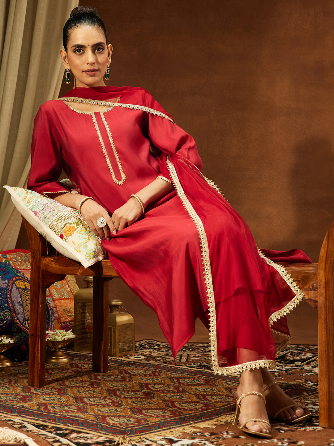 Janasya Women's Maroon Chanderi Silk Yoke Design Straight Kurta Set - qivii