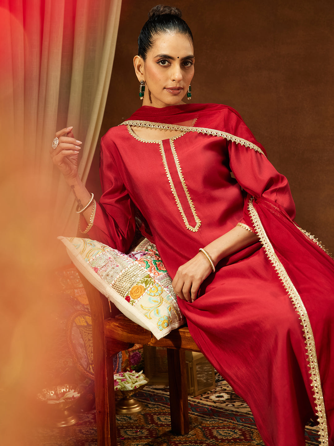 Janasya Women's Maroon Chanderi Silk Yoke Design Straight Kurta Set - qivii