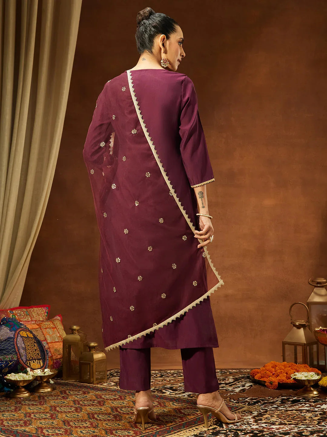 Janasya Women's Wine Chanderi Silk Embellished Straight Kurta Set