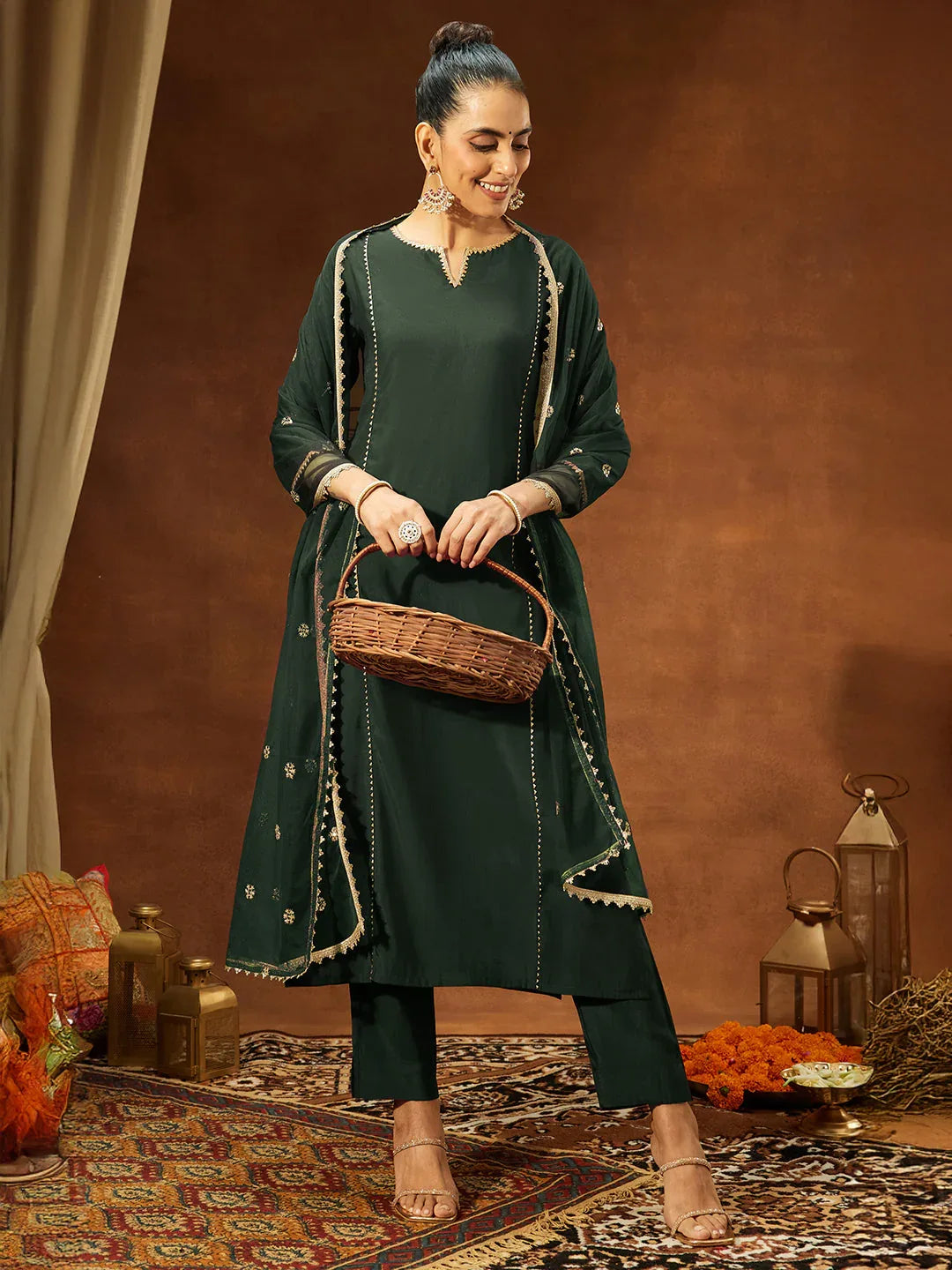 Janasya Women's Bottle Green Chanderi Silk Embellished Straight Kurta Set